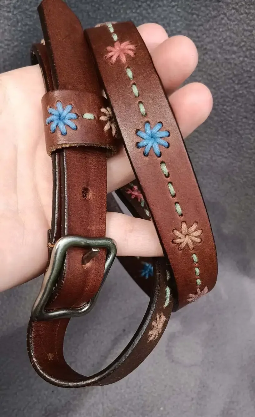 VTG Dockers Brown Leather Belt Sz Large Genuine Leather Flower Stitching